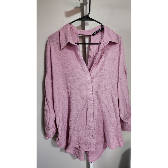 Zara Pink Textured Open Back Knot Detail Button Down Shirt Blouse Womens XL - Picture 2 of 3